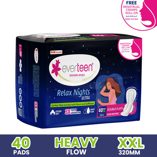 everteen XXL Relax Nights Ultra Thin 40 Sanitary Pads with Neem and Safflower, Menstrual Cramps Roll-On Inside Pack - 1 Pack (40 Pads, 320mm)