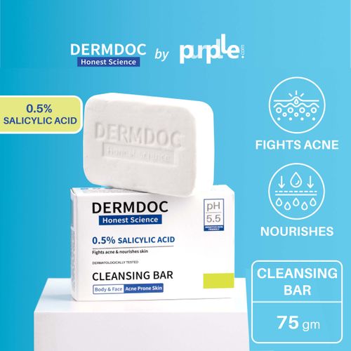 DermDoc by Purplle 0.5% Salicylic Acid Cleansing Bar (75 gm) | gentle deep cleansing bar | oil control, acne prone skin | salicylic acid for back & body acne