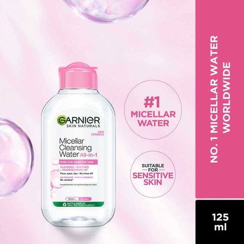 Garnier Micellar Cleansing Water - Gentle Cleanser & Make Up Remover For Everyday Use - Suitable For Sensitive Skin, Dermatologically Tested, Vegan, For Men & Women, Remove 100% Dirt, Pollution, 125 ml
