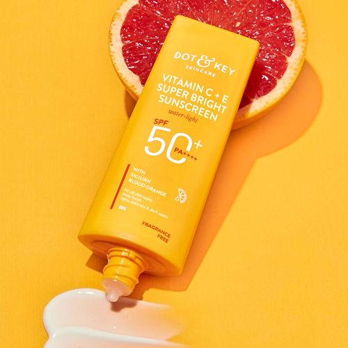 Dot & Key Vitamin C + E Super Bright Sunscreen SPF 50+++ | for Even Toned & Glowing Skin | No White Cast, WaterLight I UVA/B & Blue Light Protection I Better Vitamin D absorption | 50gm