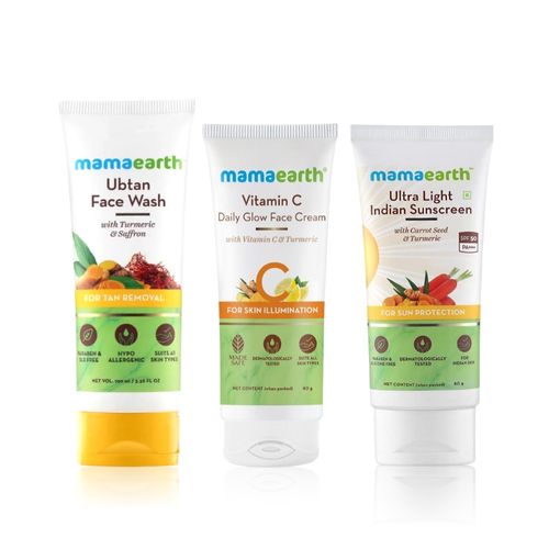 Mamaearth on-the-go Morning Skin Essentials (Ubtan Facewash (100 ml)+ Vitamin C Face Cream (80 g) + Ultra Light Sunscreen(80 ml))