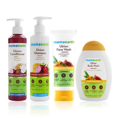 Mamaearth Bath Essential kit (Onion Hair Fall Shampoo (250 ml)+ Onion Conditioner (250 ml) + Ubtan Facewash (100 ml) + Ubtan Body wash (300 ml))
