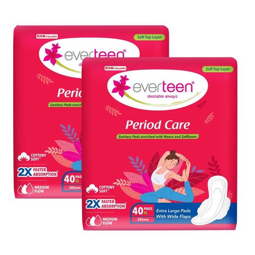everteen Period Care XL Soft 40 Sanitary Pads Enriched with Neem and Safflower For Medium Flow - 2 Packs (40 Pads Each)