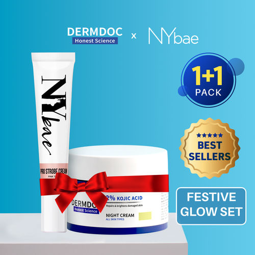 DERMDOC x NYBae Festive Glow Combo Kit | PRO Strobe Cream | Primer + Highlighter + Moisturizer | Kojic Acid Night Cream for Dark Spots | Skin Brightening | Glowing Korean Skin | Pink Topaz