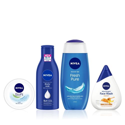 NIVEA Ultimate Skin Nourishment Kit 4 (Fresh Pure Shower Gel(125ml)+Moisturizing Honey Face Wash(100ml)+Almond Oil Body Lotion(120ml)+Soft Moisturising Cream(50ml))