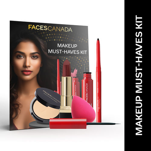 FACES CANADA Makeup Must-Haves Kit - Kajal (0.35 gm) + Lipstick (4.2 gm) + Compact (9 gm) + Eyeliner (3.5 ml) + Beauty Blender | Pack of 5 | Makeup Kit For Women