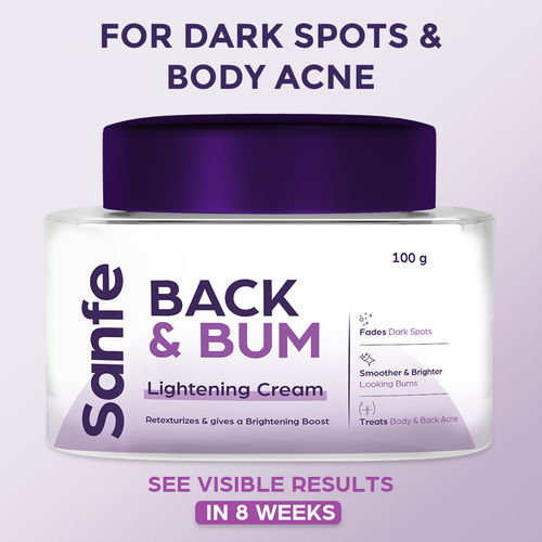 Sanfe Back & Bum Cream for Dark Spots and Body Acne | Glycolic Acid, Lactic Acid & Urea | 11% AHA & Maximum Exfoliation | Remove Dead Skin for Women | 100 gm