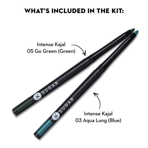 SUGAR Cosmetics Kohl Of Honour - Intense Kajal - 05 gmo Green (Green Kajal) & 03 Aqua Lung (Blue Kajal)
