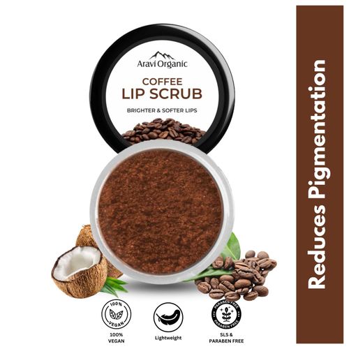 Aravi Organic Coffee Lip Scrub For Brightening Dark Lips With Caffeine, Shea Butter & Cocoa Butter - For Dark,Chapped & Pigmented Lips - For Men and Women - 15 gm