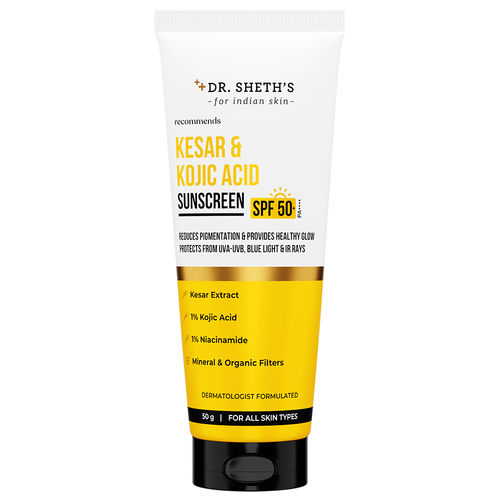 Dr. Sheth's Kesar & Kojic Acid Sunscreen SPF 50+ Pa++++ |In-Vivo Tested | For Pigmentation-Free Skin | Lightweight & Non Greasy | For UVA/UVB & Blue Light & IR Protection | No White Cast | For All Skin Types | For Men & Women | 50 gm