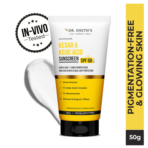 Dr. Sheth's Kesar & Kojic Acid Sunscreen SPF 50+ Pa++++ |In-Vivo Tested | For Pigmentation-Free Skin | Lightweight & Non Greasy | For UVA/UVB & Blue Light & IR Protection | No White Cast | For All Skin Types | For Men & Women | 50 gm