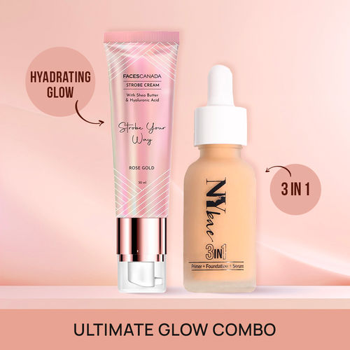 Faces Canada x NY Bae Ultimate Glow Combo (Faces Canada Strobe Cream Rose-gold(30 gm) +NY Bae 3 in 1 Serum Foundation with Primer Warm Milk 09 (30 ml)