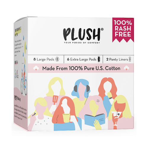 Plush 100% Pure US Cotton 14 Ultra-Thin Natural Pads - 8 Large pads , 6 Extra Large Pads, 2 "Panty" liners