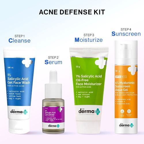 The Derma Co. Acne Defense CSMS Combo : Salicylic Acid Daily Face Wash (100 ml) + 2% Salicylic Acid Face Serum (8 ml) + Salicylic Acid Oil-Free Daily Moisturizer (50 gm) + Hyaluronic Sunscreen Aqua Gel (50 gm)