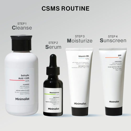 Minimalist CSMS Combo: Face Wash (100 ml) + Serum(30 ml) + Moisturizer (50 gm) + Sunscreen (50 ml)