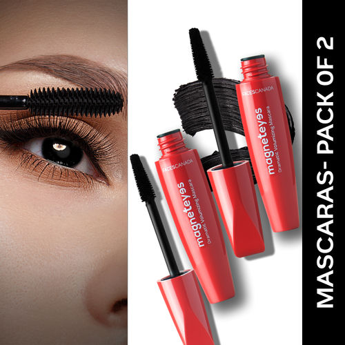FACES CANADA Magneteyes Dramatic Volumizing Mascara - Black, 9.5ml (Pack of 2) | Lightweight, Denser & Longer Lashes | Intense Black Finish | Long Lasting | With Almond Oil