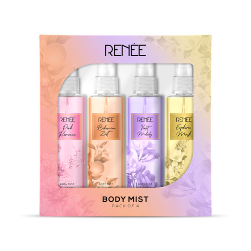 RENEE Body Mist Pack of 4, Combo of Bohemian Zest Body Mist,Euphoric Musk Body Mist, Pink Romance & Violet Melody Body Mist 20 Ml Each
