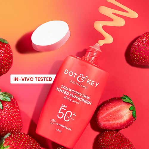 Dot & Key Strawberry Dew Tinted Sunscreen SPF 50++++ 01 Porecelain In Vivo Tested Sunscreen for Daily Wear, Brightens & Protects Skin - 50 ml