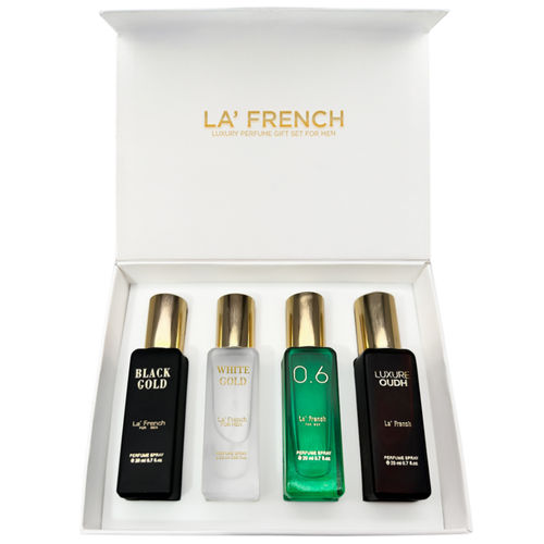 La French Classic Perfume Gift Set for Men (Luxure Oudh, O.6, White Gold, Black Gold) 4x20ml