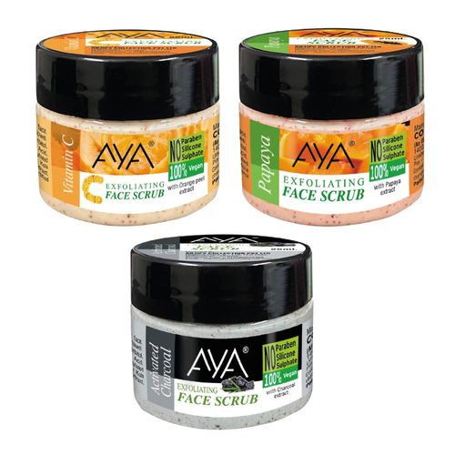 AYA Activated Charcoal + Papaya + Vitamin C Exfoliating Face Scrub, 25 ml+25 ml+25 ml, Pack of 3| No Paraben, No Silicone, No Sulphate