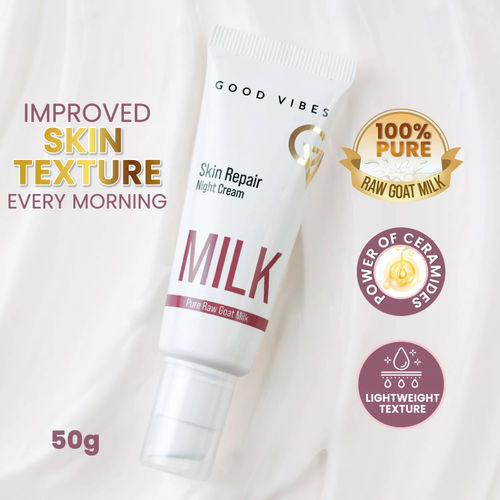Good Vibes Skin Repair Milk Night Cream with 100% Pure Raw Goat Milk | Improved Skin Texture Every Morning| Infused with Ceramides | Suitable for Dry Skin | All Skin Types (50 gm)