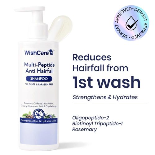 WishCare Multi Peptide Anti Hairfall Shampoo|Dermat Approved|Reduces Hairfall & Breakage|For Thinning&Hair Loss|Hydrates and Soothes Scalp|Increases Shine & Volumanizes Hair|Sulphate&Paraben Free Shampoo|250 ml