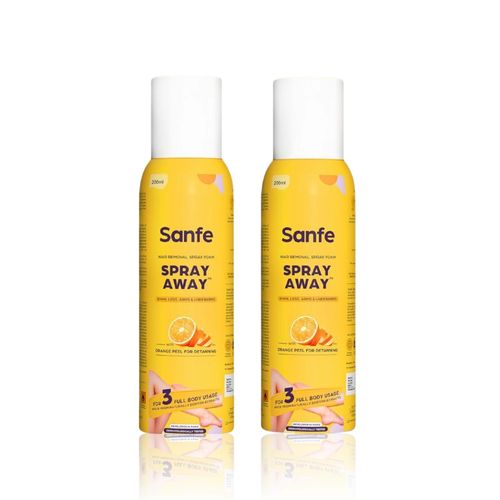 Sanfe Painless & Detan Hair Removal Spray Cream - 200ml (Pack of 2) (Removes Hair in 10 Minutes with Skin Detan | Orange Peel, Aloevera, Vitamin E & Niacinamide)