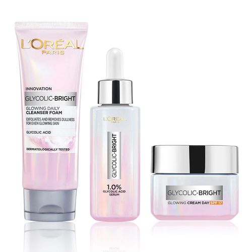 L'Oreal Paris Glycolic CSM Routine (Cleanser Foam,100 ml + Brightening Serum,15 ml + Day Cream with SPF 17,15 ml)