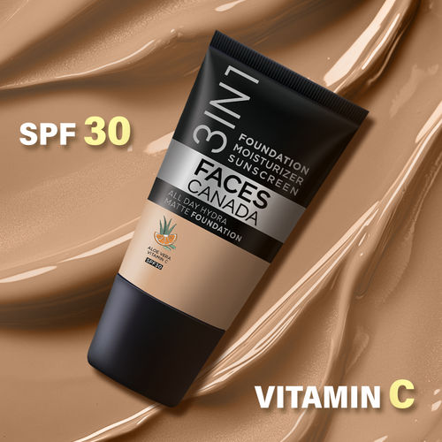 FACES CANADA All Day Hydra Matte Foundation - Mini | 3-in-1 Foundation + Moisturizer + SPF 30 | 24 HR Aloe Hydration & Vitamin C | 10HR Long Wear | Medium to High Buildable Coverage | Medium Natural | 18 ml