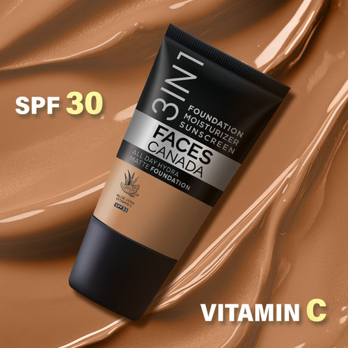 FACES CANADA All Day Hydra Matte Foundation - Mini | 3-in-1 Foundation + Moisturizer + SPF 30 | 24 HR Aloe Hydration & Vitamin C | 10HR Long Wear | Medium to High Buildable Coverage | Warm Sand | 18 ml