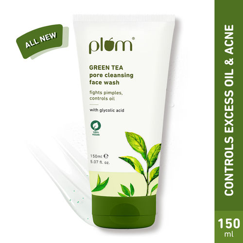 Plum Green Tea Pore Cleansing Face Wash For Oily Skin | With Glycolic Acid | Fights Acne, Controls Excess Oil | Removes Dead Skin Cells | Gentle & Non-Drying | Women & Men | 100% Vegan | 150 ml