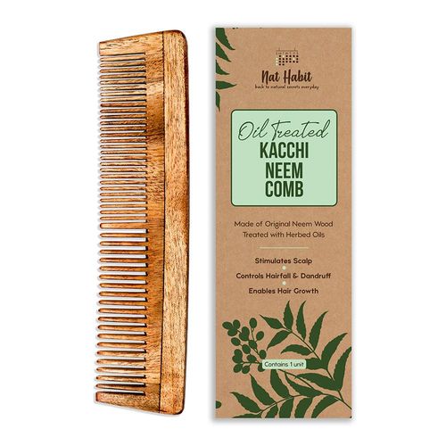 Nat Habit Kacchi Neem Comb, Wooden Comb | Hair Growth, Hairfall, Dandruff Control | Hair Straightening, Frizz Control | Comb for Men, Women | Treated with Neem Oil, Bhringraj & 17 Herbs (Dual Tooth) () - 1 pc