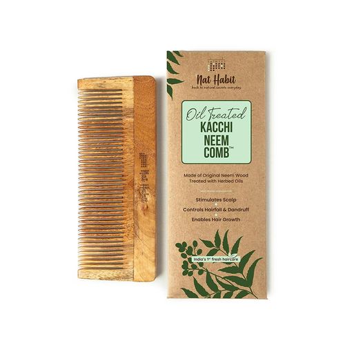 Nat Habit Kacchi Neem Fine Tooth Wooden Comb For Daily Styling Soaked In 17 Herbs & Oils () - L