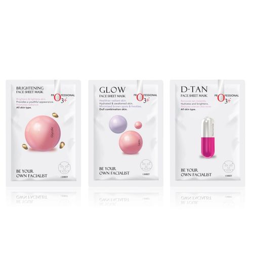O3+ Glow, De-Tan and Brightening Trio (Dullness Removal Sheet Mask 30g + Glycolic Sheet Mask 30g + Niacinamide Sheet Mask 30 gm)