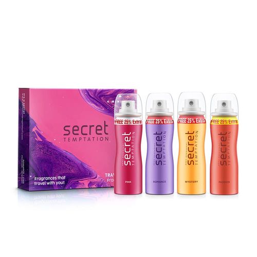 Secret Temptation Travel Pack with Pink, Romance, Mystery, and Passion Deodorant for Women, Pack of 4 (50ml each)