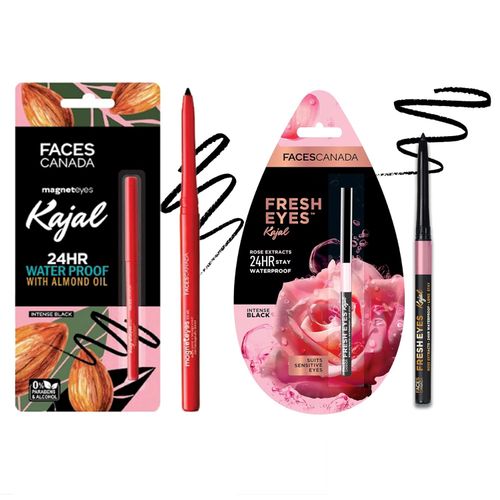 FACES CANADA Magneteyes Black Kajal (0.35g) + Fresh Eyes Kajal (0.35g) | Highly Pigmented | Matte Black Finish | Waterproof | Almond Oil & Vitamin E | Cruelty Free | Pack of 2 Combos