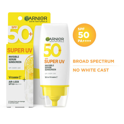 Garnier Super UV Invisible Serum Sunscreen SPF 50 PA++++ UVA/B for Broad Spectrum | Lightweight with Vitamin C | No White Cast | For All Skin Types (Oily, Dry, Acne-prone) | For Men & Women 30 ml