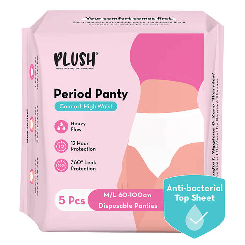Plush Anti-Bacterial High Waist Sanitary Period Panties for Women | Size M/L (60-100cm) | 12 Hour Leak Protection | 5 Pcs