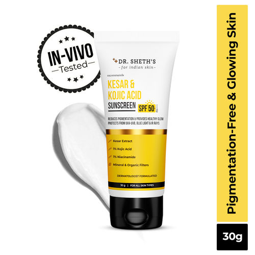 Dr. Sheth's Kesar & Kojic Acid Sunscreen SPF 50+ Pa++++ |In-Vivo Tested | For Pigmentation-Free Skin | Lightweight & Non Greasy | For UVA/UVB & Blue Light & IR Protection | No White Cast | For All Skin Types | For Men & Women | 30 gm