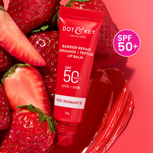Dot & Key Barrier Repair Ceramide & Peptide Lip Balm SPF 50, PA+++ | Red Romance Non Sticky Tinted Lip Balm for Smooth, Healthy & Plump Lips | 10 gm