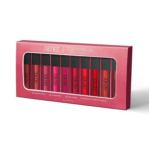 RENEE Stay Forever Liquid Lipstick Combo, Smudge-proof & Waterproof, Highly Pigmented with Velvety Matte Finish, Long Lasting Formula, Enriched with Vitamin E & Shea butter, Pack of 10, 1 ml Each