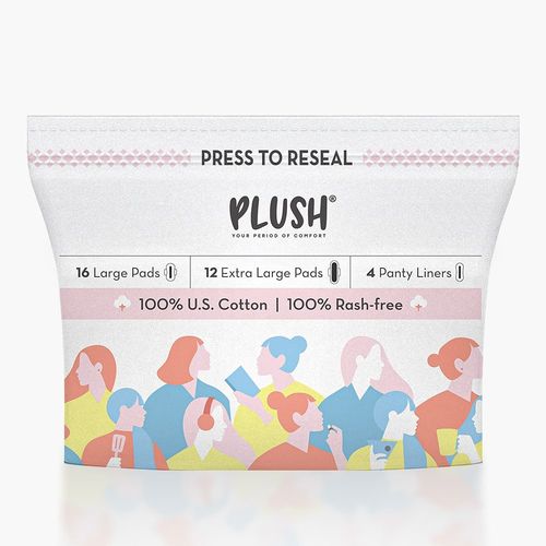 Plush 28 Ultra-Thin Sanitary Pads For Women | 100% U.S. Cotton Sanitary Napkins | 12XL + 16L + 4 Panty Liners For Rash Free Periods
