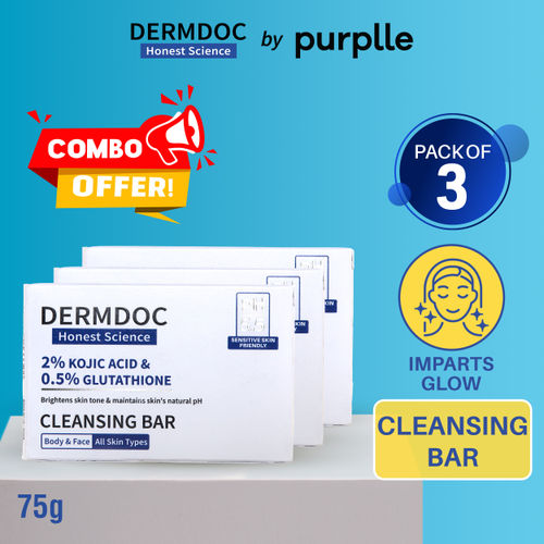 DERMDOC by Purplle 2% Kojic Acid and 0.5% Glutathione Cleansing Bar (75g each) Pack of 3 | Brightening | Gentle Cleansing Action | Sensitive Skin Friendly