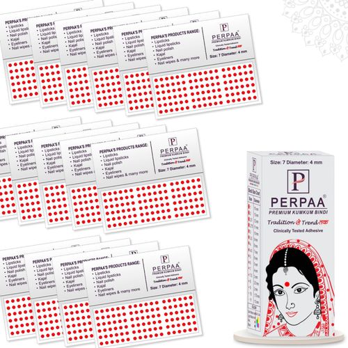 PERPAA Premium Velvet Sticker Kumkum Bindi Box of 15 Flaps (Size 07, Diameter 4 mm, Red) 80 gm