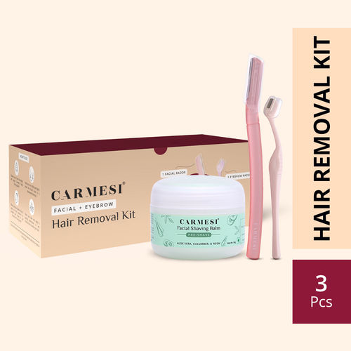 Carmesi Women's Face Hair Removal Kit | 1 Face Razor, 1 Eyebrow Razor, 1 Facial Shaving Balm | Instant & Painless Hair Removal | For Eyebrows, Upper Lip, Forehead, Peach Fuzz, Chin and Sideburns - 3 Pcs