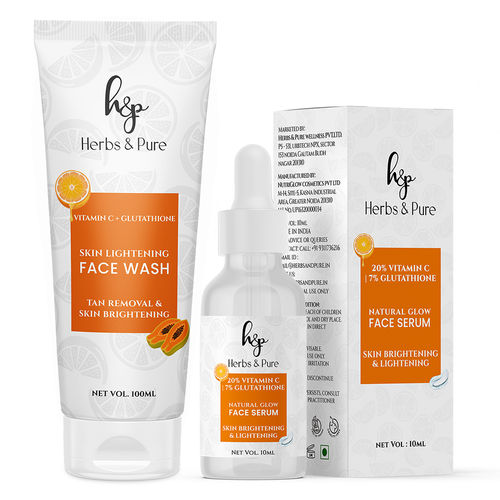Herbs & Pure Natural Glow 20%Vitamin C & 7%Glutathione Face Serum(10 ml) & Face Wash(100 ml) for Skin Lightening and Skin Glowing | All Skin Types |- Pack of 2