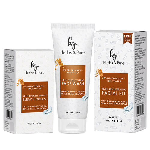 Herbs & Pure Skin Brightening Facial Kit, Face Wash & Bleach with 12%Niacinamide & Rice Water For Anti Pigmentation Black Head Removal With Magic Sheet Mask Disposable Head Cap Unisex (203 gm Pack Of 3)