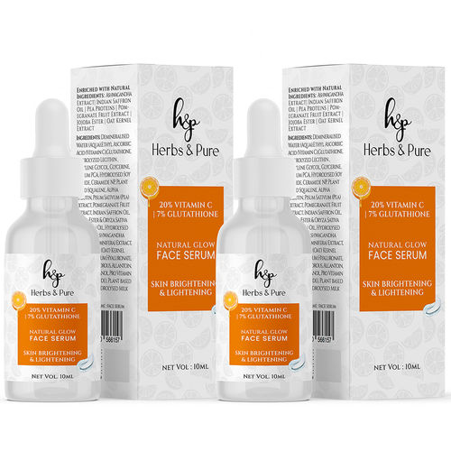 Herbs & Pure Natural Glow 20% Vitamin C & 7% Glutathione Face Serum For Glowing Skin 10 ml | All Skin Types | Women & Men | Pack of 2