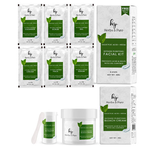 Herbs & Pure Intense Purifying Facial kit & Bleach(43 gm)With Neem and Salicylic Acid For Prevents Acne & Oil Control With Magic Sheet Mask and Disposable Head Cap|Unisex 60 gm-Pack of 2