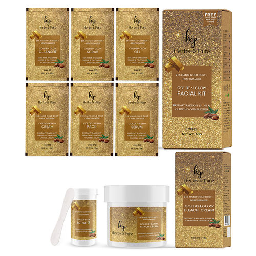 Herbs & Pure Golden Glow Facial Kit( 60 gm) & Bleach (43 gm) 24K Nano Gold Dust & Niacinamide for Anti-aging|6-Pieces Skin Care/Skin Cleanup Set With Magic Sheet Mask and Head Cap, Pack of 2